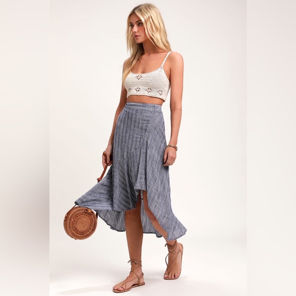 Lulu’s By the Bay Washed Blue and White Striped Ruffled Midi Skirt